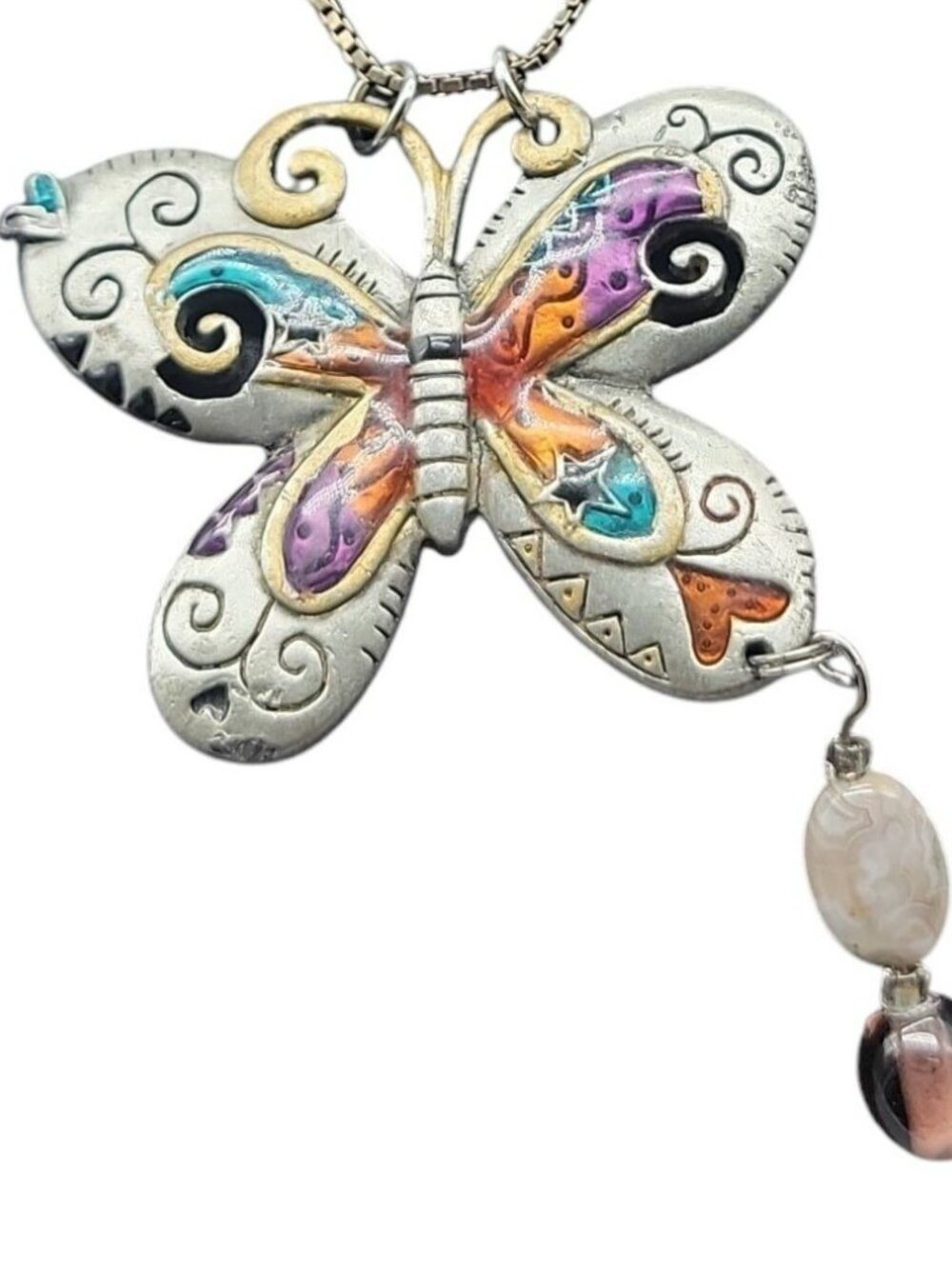 Sterling Silver Butterfly Pendant Necklace Enamel Inlaid 15" 925 Choker Chain - Picture 6 of 16